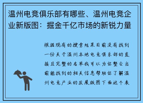 温州电竞俱乐部有哪些、温州电竞企业新版图：掘金千亿市场的新锐力量一览 